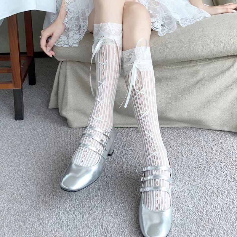 Hollow Beige Lace Bow Mid-length Stockings Women's Summer Thin Strap Calf Pile Net Stockings Mary Jane