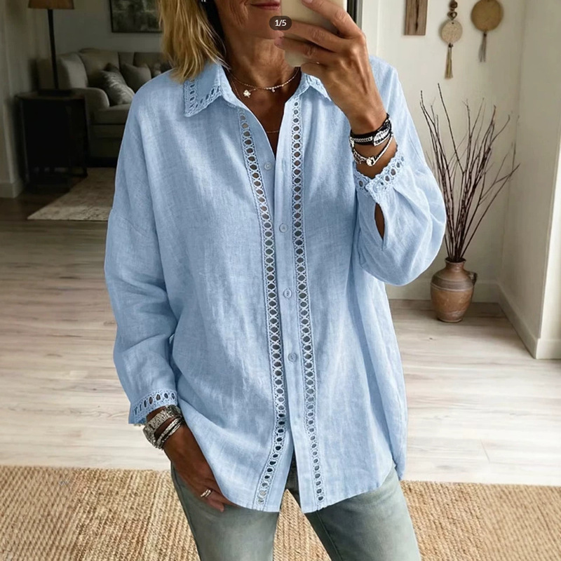 European and American Cross-Border Independent Site Amazon Tops 2026 Spring/Summer New Women's Solid Color Lace Patchwork Long-Sleeve Shirt European and American Cross-Border Independent Site Amazon Tops 2026 Spring/Summer New Women's Solid Color Lace Patchwork Long-Sleeve Shirt