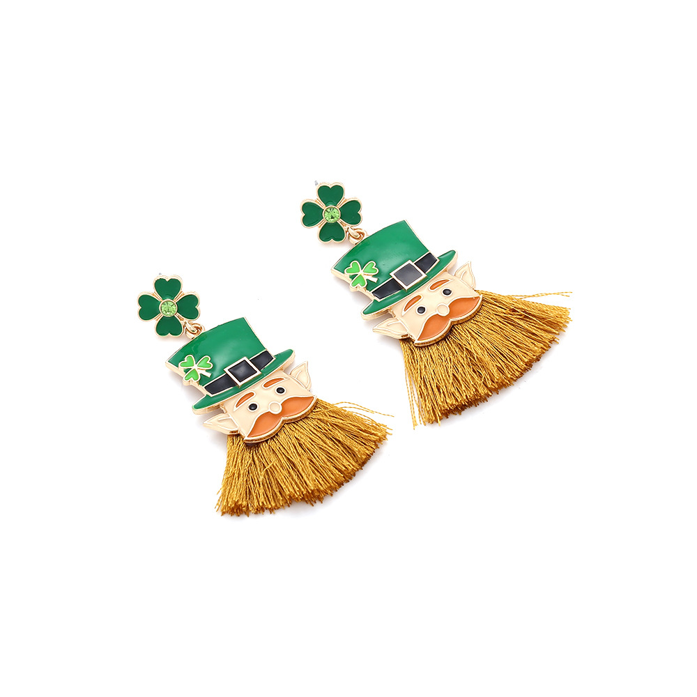 1 Pair Cartoon Style Shamrock Cartoon Character Tassel Enamel Alloy Rhinestones Drop Earrings display picture 5