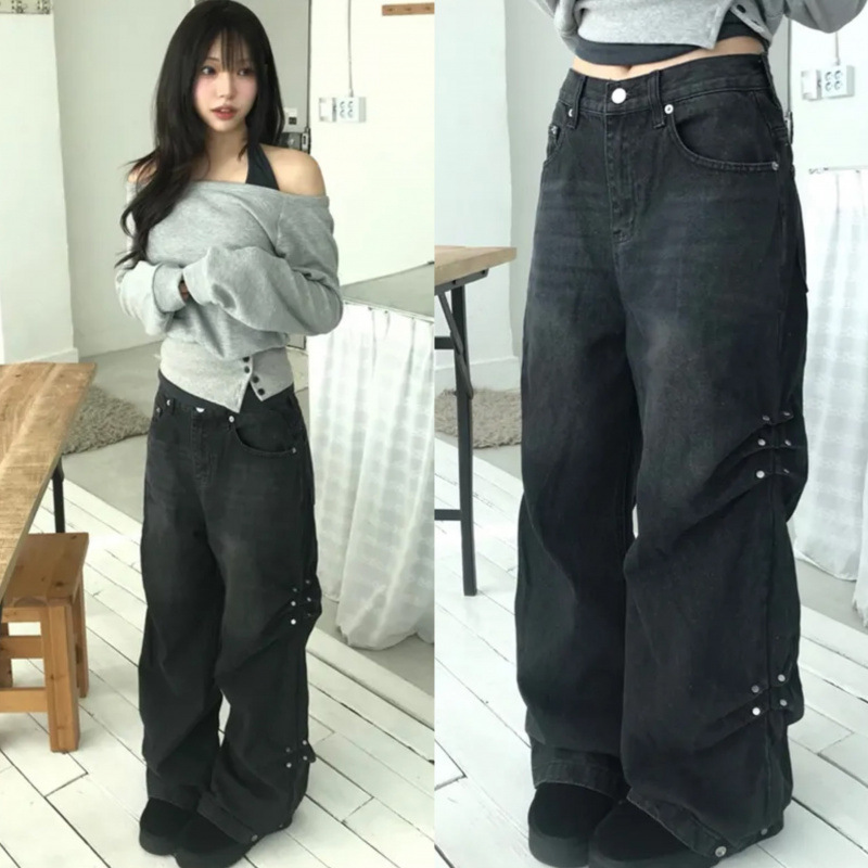 韩国  茧型水洗阔腿休闲春夏时髦牛仔裤