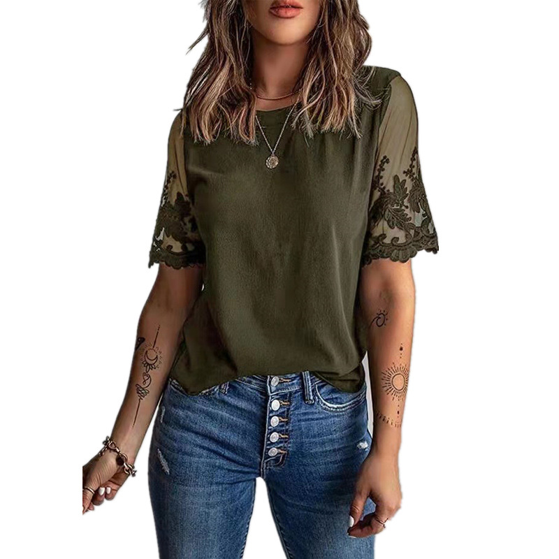 round neck short-sleeved loose solid color lace chiffon top NSLGY125102