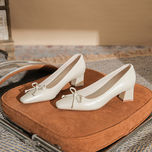 5991 Fashion Bow All-match Thick Heel Small Square Head Women's Single-layer Shoes 2024 New Shallow Mouth Elegant High Heel Single-layer Shoes