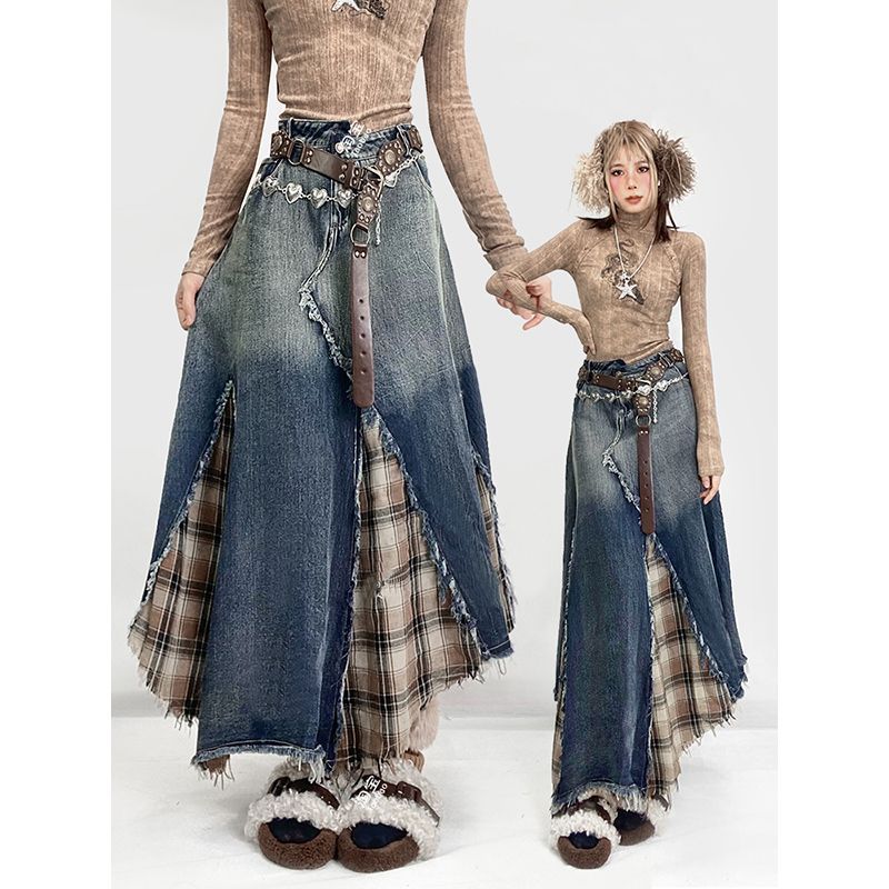 American Style Spice Girl Retro plus size Design Washed Irregular Denim Skirt Plaid Stitching Denim Skirt Slimming