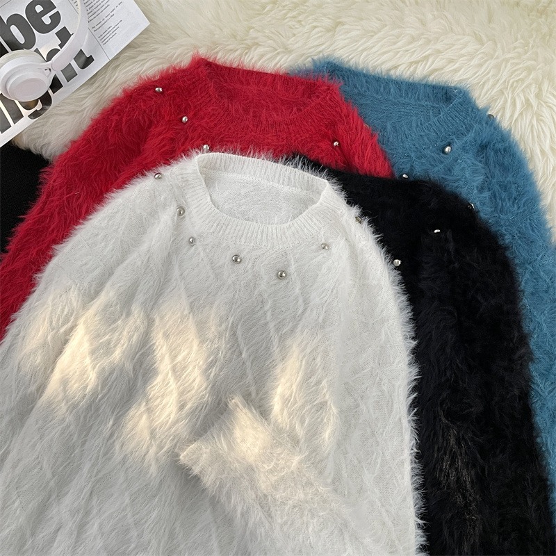 Men's Clothing mink sweater button flower design beaded high weight knitted sweater furry pullover lazy trend men_voghion.com