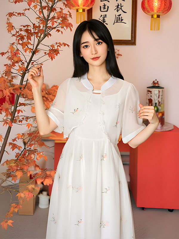 120-300 Plus Size Women's National Style Two-Piece Dress 2025 Spring and Summer New Han Dynasty Embroidered Flower Fake Collar