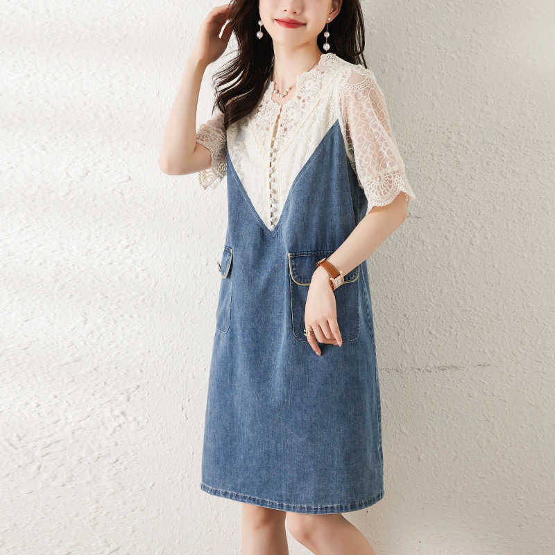 Summer fashionable elegant lace denim dress