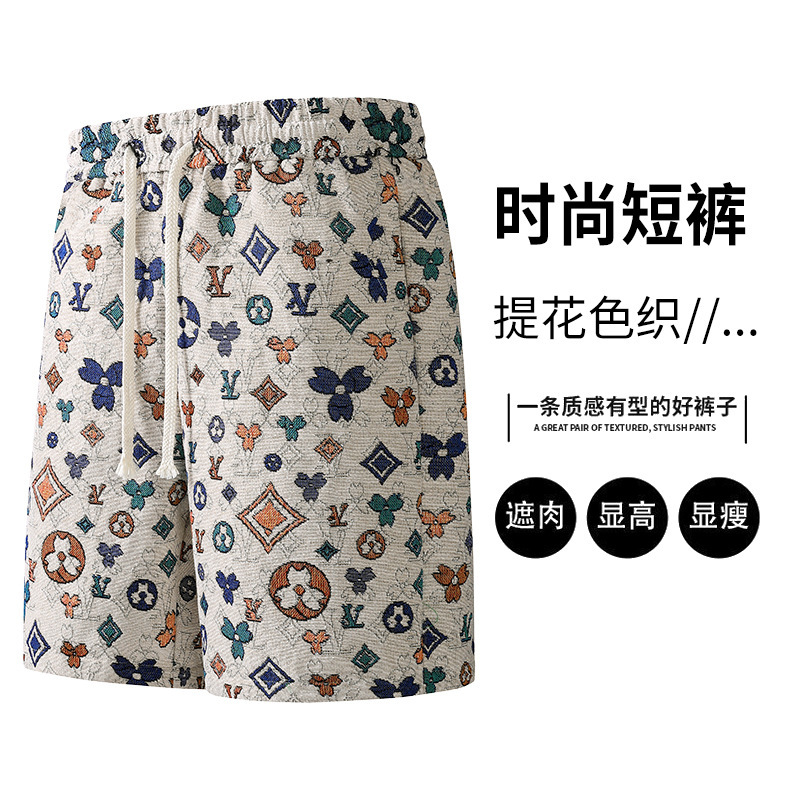 M-8XL Summer New Vintage Jacquard Knit Men's Shorts with Drawstring Elastic Waist for Beachwear, Cross-Border