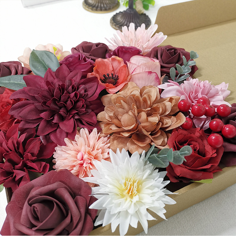 亚马逊仿真花花盒生日求婚假花礼盒花头带杆DIY婚礼新娘手捧花