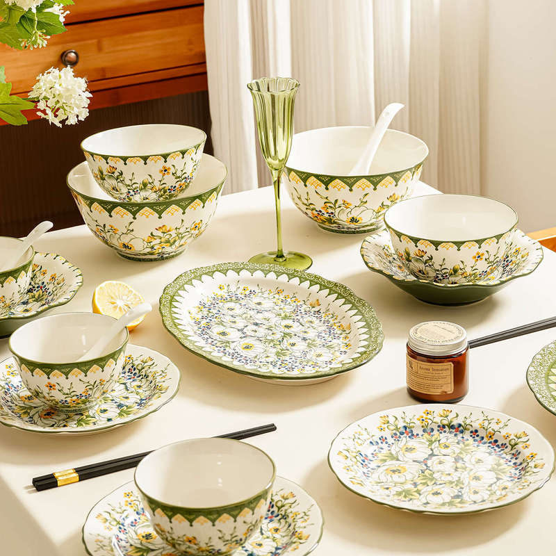 Underglaze Polish Jasmine Series Nordic Style Bowl and Plate Set Home Tableware Gift Box Combination Practical Ceramic Tableware