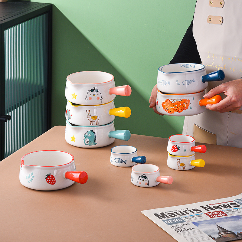 Breakfast Milk Cup, Salad Bowl with Handle, Ceramic, Cute Underglaze Color, Easy to Clean, Japanese-Style Baking Condiment Breakfast Bowl Tableware