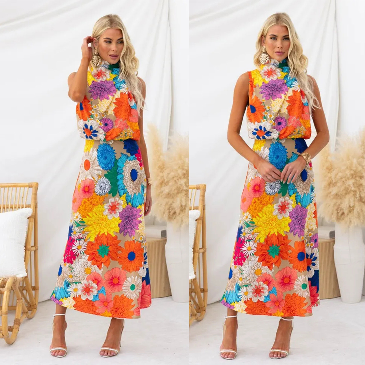 Holiday Occasion Wholesale Women's Vacation Flower Holiday Round Neck Sleeveless Sheath Dress