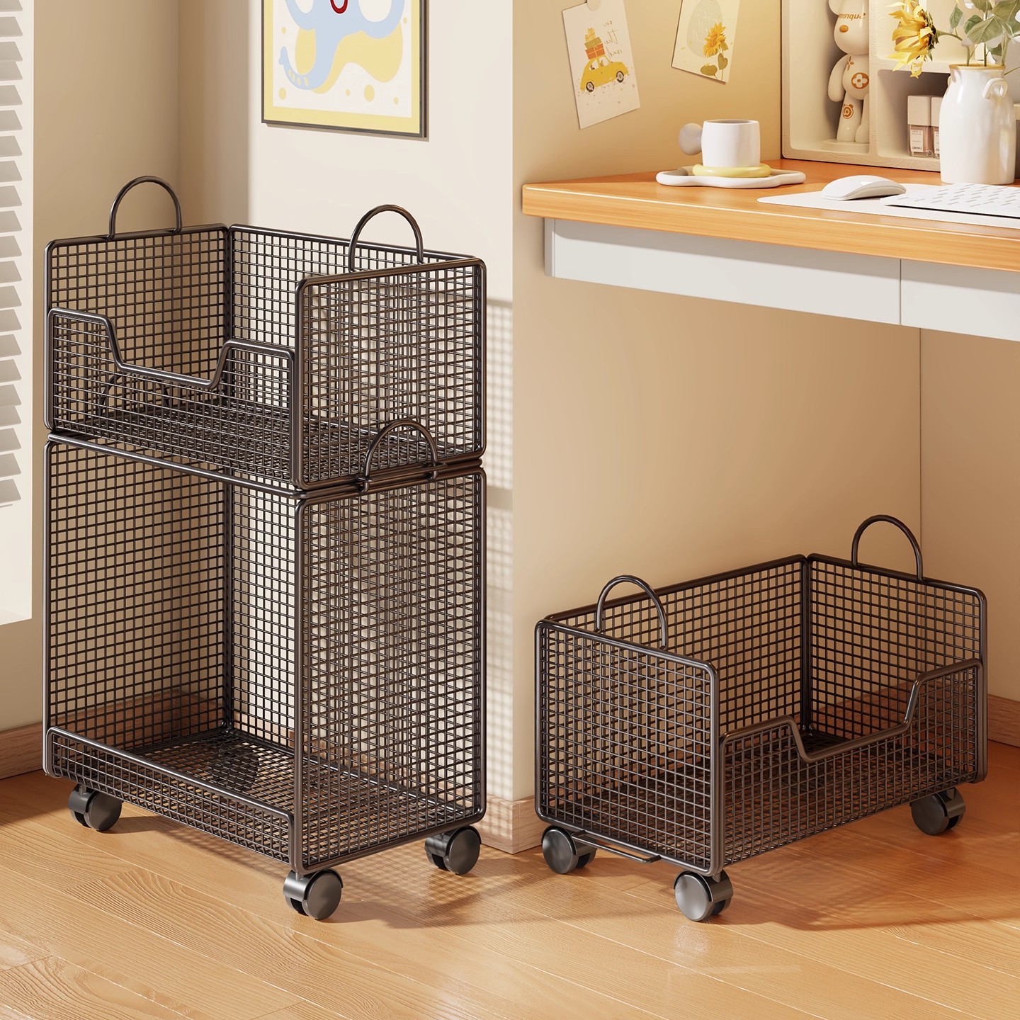 Desk Side Storage Bag Storage Rack Office Wheeled Mobile Trolley Classroom Student Floor-Standing Bookshelf