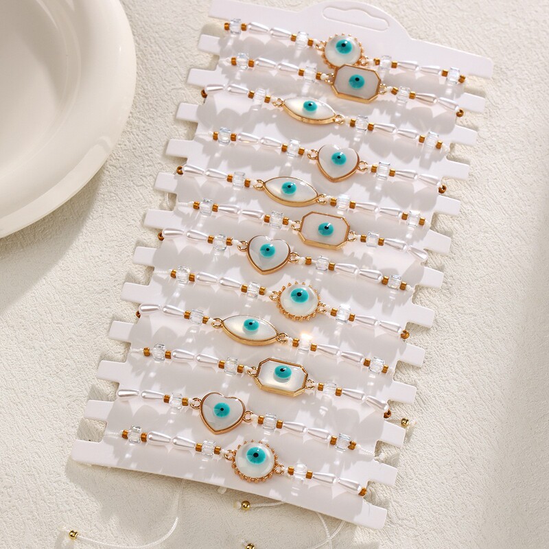 Cross-Border New Alloy Oil Dripping Beads Devil's Eye Braided Bracelet Set Crystal Beaded Pearl Evil Eye Bracelet
