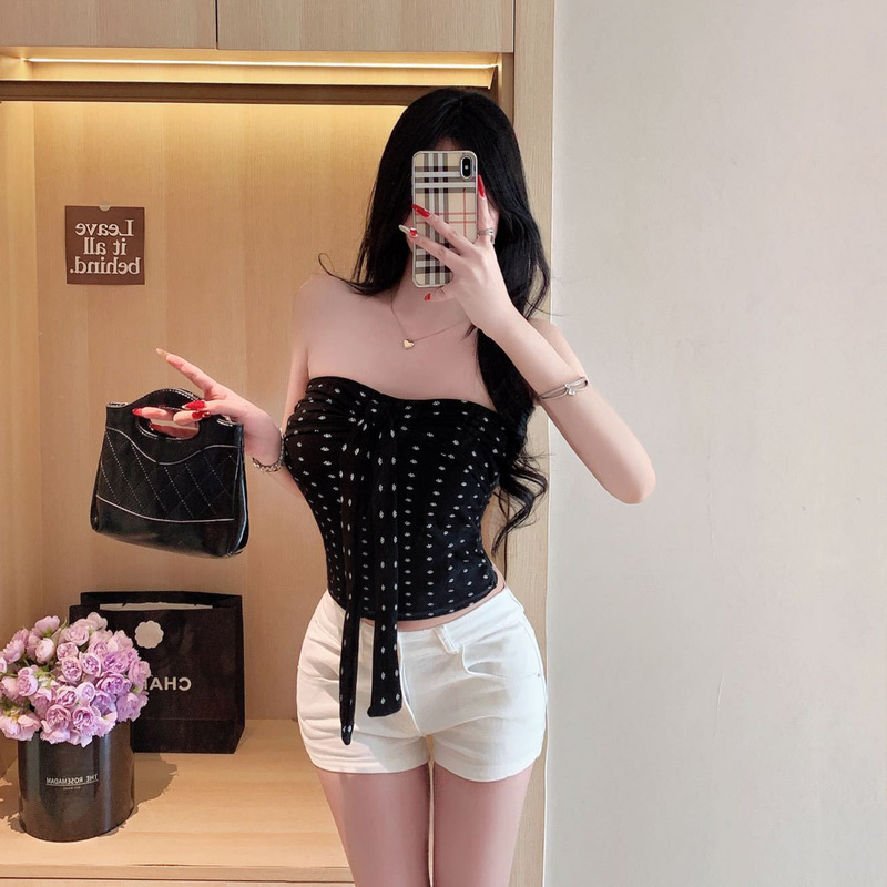 Summer New Style Pure Lust Sexy Polka Dot Print Pleated Strap Tube Top Vest Slim Fit Fixed Strap Chest Pad Versatile