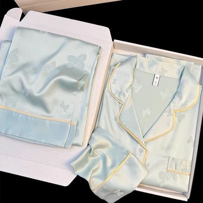 Transfronterizo satén jacquard hielo seda pijama de primavera y otoño mujeres pantalones de manga larga cardigan de alta calidad conjunto de ropa para el hogar
