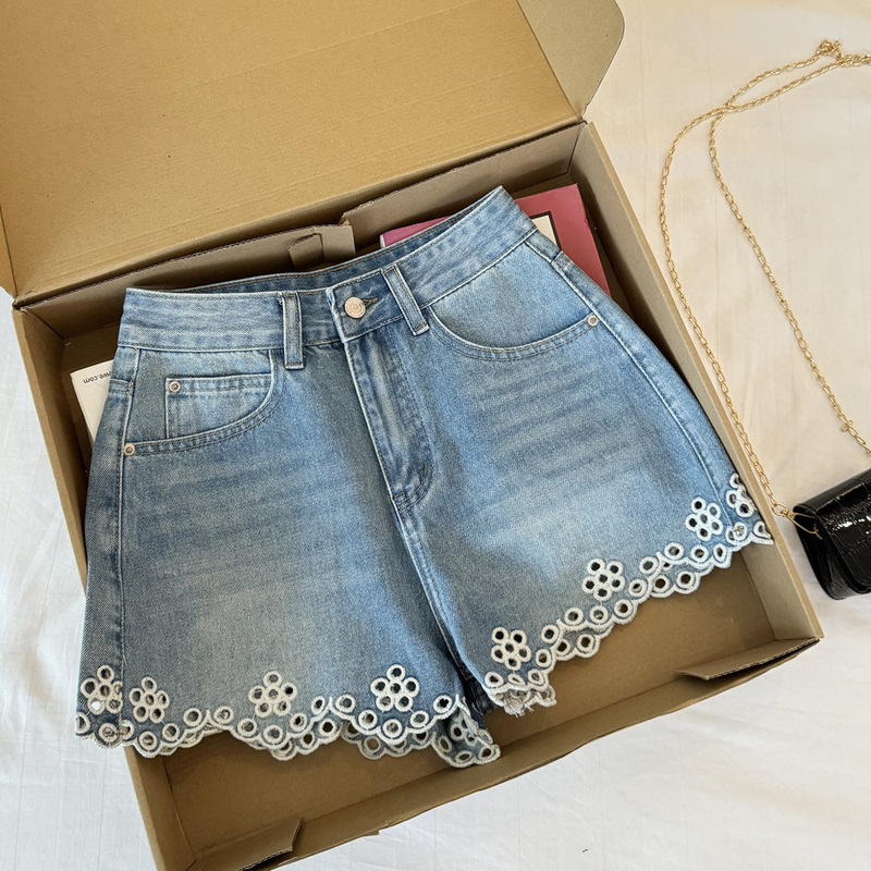 National Style Hollow Embroidery Floral Retro Light Blue Denim Shorts for Women, Summer High-Waisted A-Line Slimming Versatile Wide-Leg Pants National Style Hollow Embroidery Floral Retro Light Blue Denim Shorts for Women, Summer High-Waisted A-Line Slimming Versatile Wide-Leg Pants