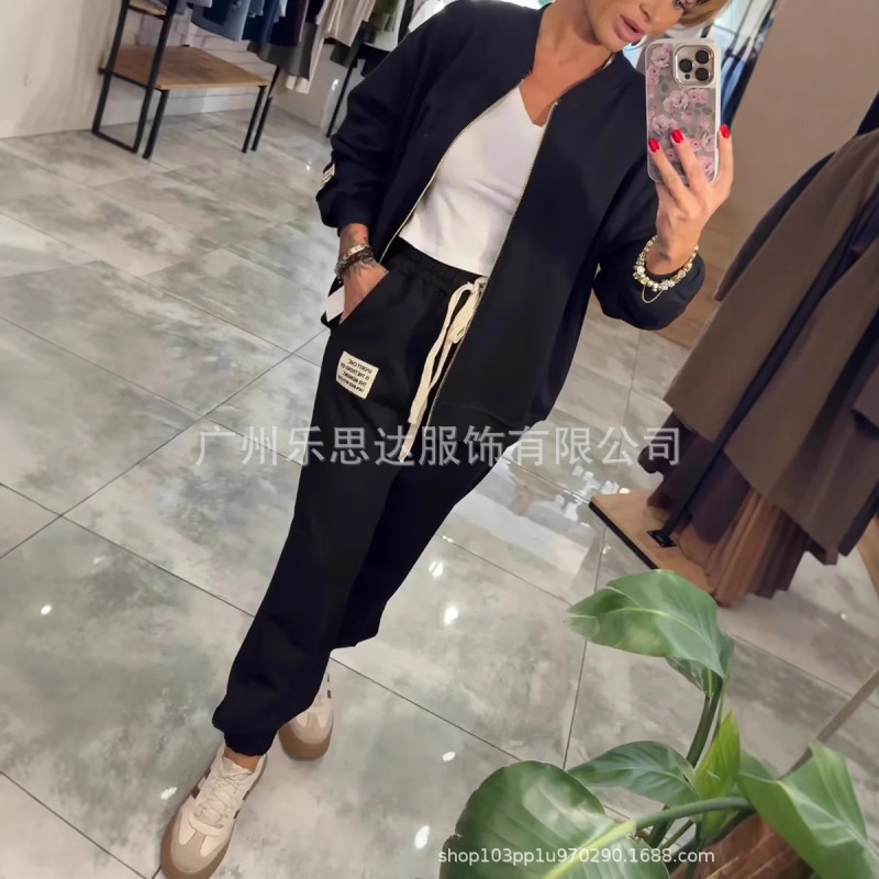 25秋冬新款亚马逊独立站欧美跨境女装圆领拉链外套裤子休闲套装|undefined
