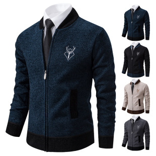 Cross-border autumn and winter new men's fleece-lined thickened baseball collar sweater sweater men's coat young and middle-aged coat