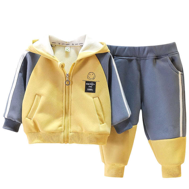 Boys' spring and autumn, children's plush sweater, baby hooded clothes, boys' set, two-piece_voghion.com