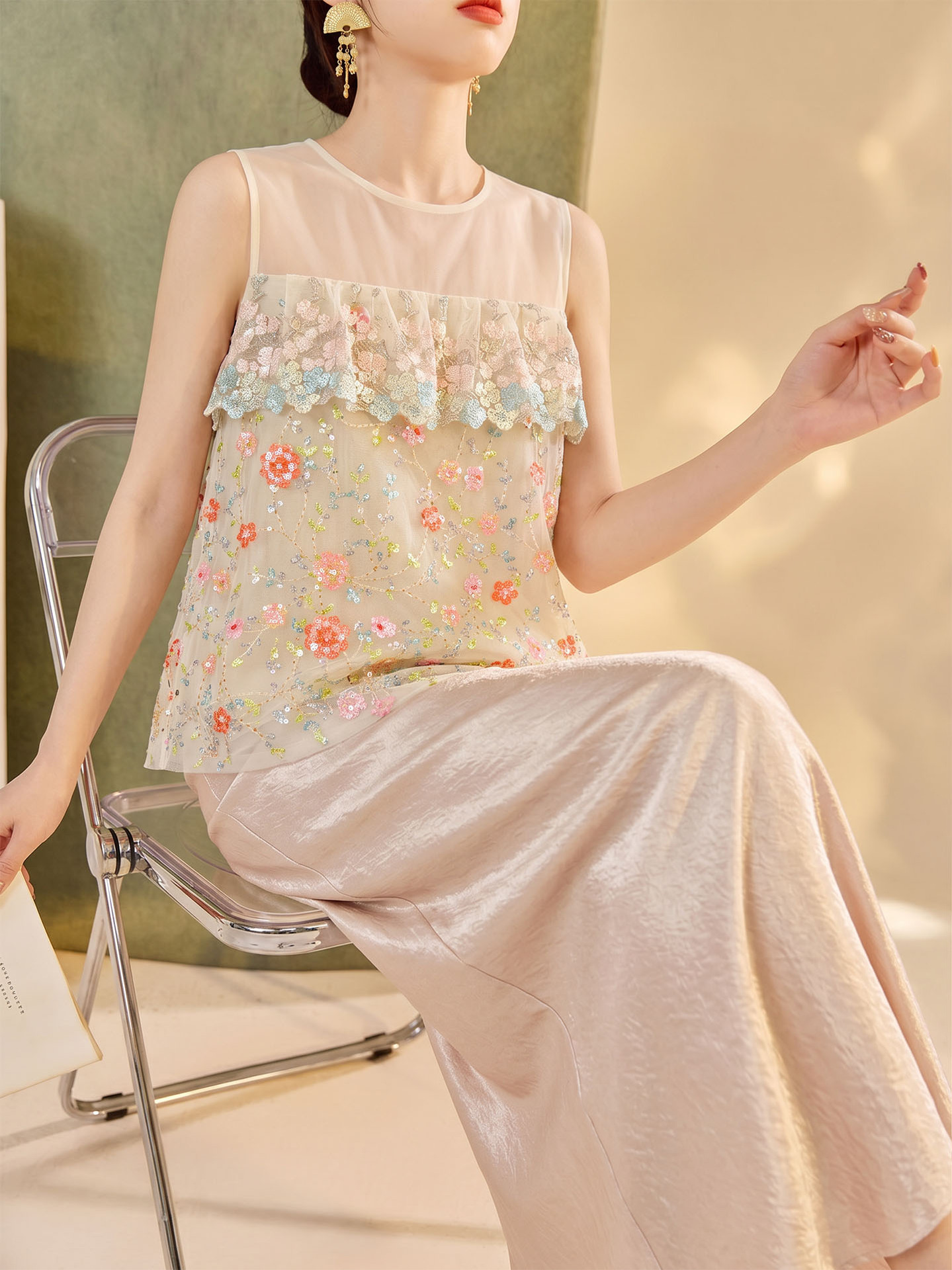 Bộ vest váy nữ phong cách Trung Quốc mới mùa hè – áo vest không tay thêu họa tiết kết hợp chân váy nửa dài — bộ đồ, Champagne màu nửa váy, Áo khoác màu mơ