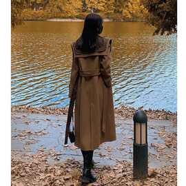 秋冬新款毛呢外套韩系感卡其色海军领呢子大衣女