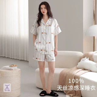 仿真丝冰丝睡衣女夏季翻领开衫短袖短裤甜美可爱少女可外穿家居服