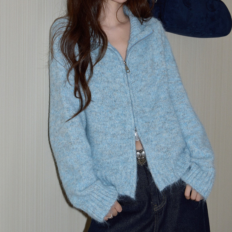 Noisy Home Double Zipper Sweater Women's Winter Knitted Coat Soft Knitwear Thick Turn-Down Collar Cardigan Top Noisy Home Double Zipper Sweater Women's Winter Knitted Coat Soft Knitwear Thick Turn-Down Collar Cardigan Top