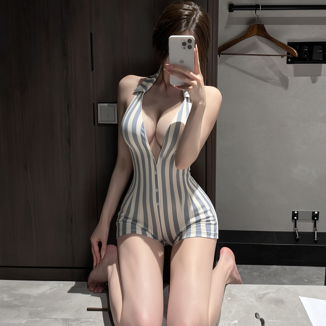 Plus-size Open-crotch Bodysuit, Deep V-neck Backless Striped Lingerie — detail image 3