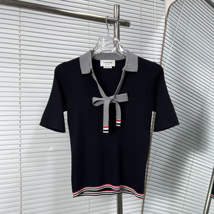 High-Quality Tb New Summer Short-Sleeved Polo Shirt with Tie and Bow for Women