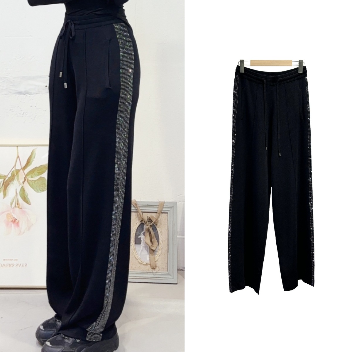 南油高端女装秋冬新款法式时尚烫钻松紧腰休闲裤女百搭阔腿直筒裤