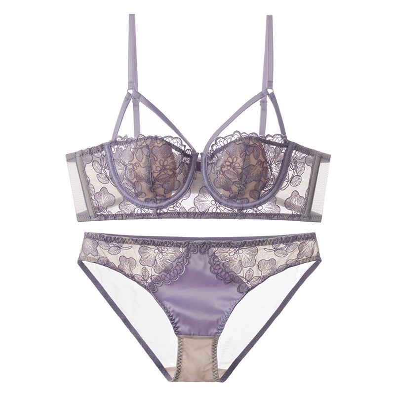 French-style embroidered lace brassiere for women with rabbit ear cups, soft steel cups, reduces appearance of large breasts, prevents sagging, sexy bra set