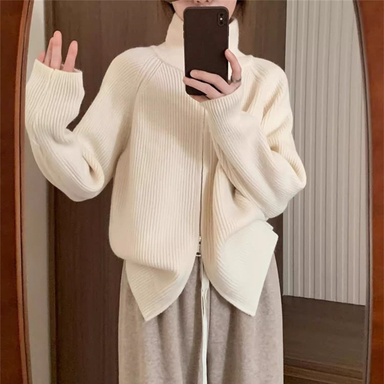双拉链设计感毛衣开衫女跨境新款宽松坑条针织衫休息上衣外套女|undefined