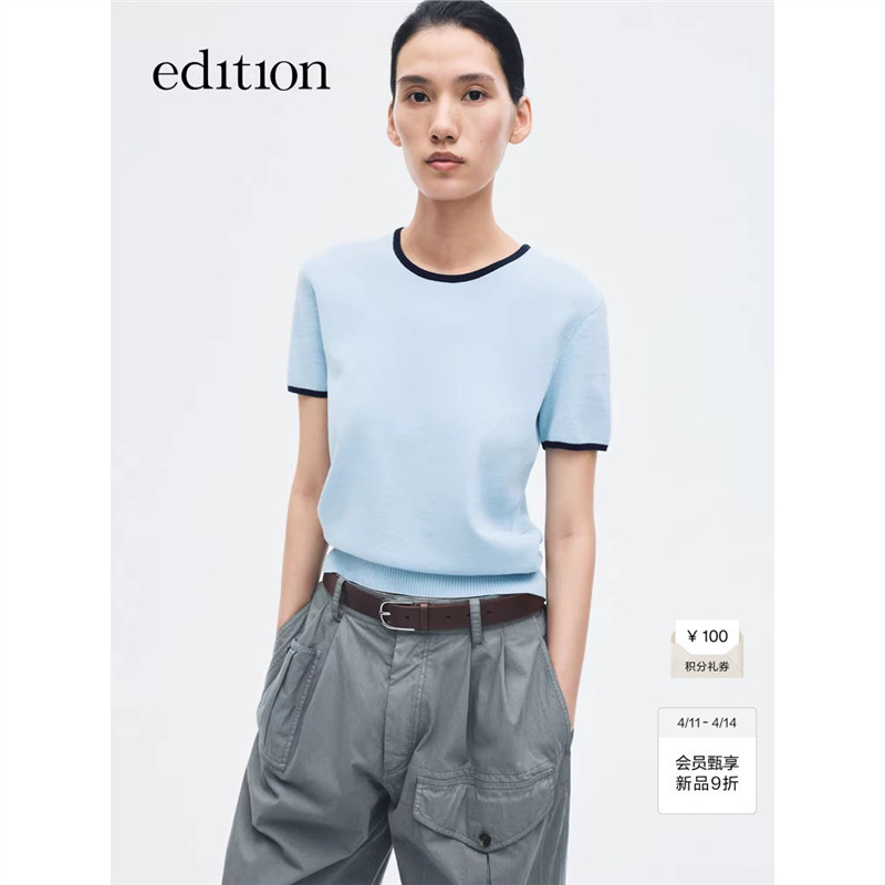 Ed Knitted T-Shirt for Women 2026 Summer New Style Contrasting Color Edge Right Shoulder Short-Sleeved Knitted Shirt Ebf2Swt021 Ed Knitted T-Shirt for Women 2026 Summer New Style Contrasting Color Edge Right Shoulder Short-Sleeved Knitted Shirt Ebf2Swt021