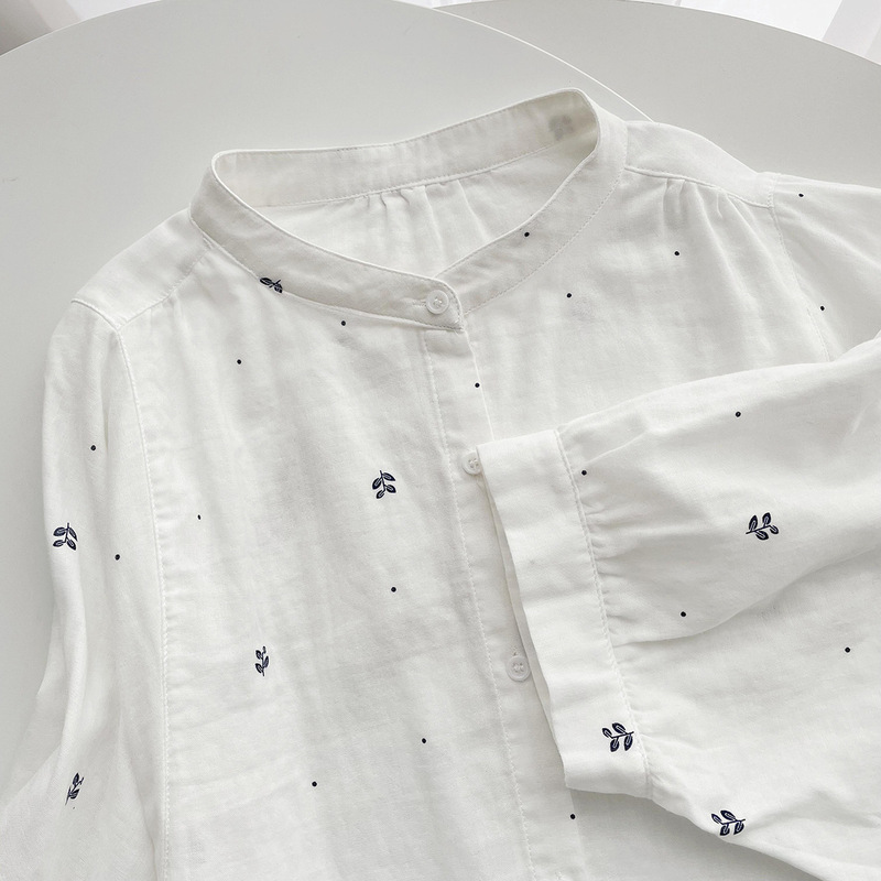 81220 small leaves printed double-layer cotton yarn cropped batwing sleeve shirt Women's elegant spring and summer loose slimming top