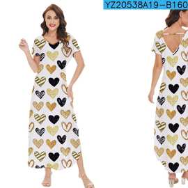 2022新款亚马逊跨境夏季V领开叉长款显瘦连衣裙3D爱心印花欧美