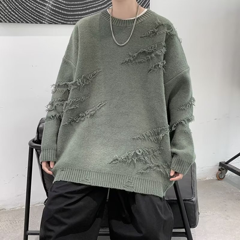 Ripped Knitwear Men's Loose and Trendyy Japanese Style Retro Versatile Casual Hem Slit Knitwear Knitwear Jacket Outer Wear