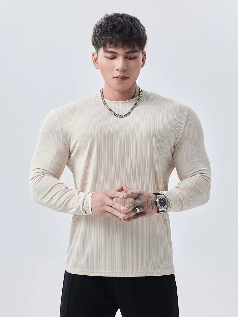 Sports basketball long-sleeve with a round collar for gym for training, tight, for running 3