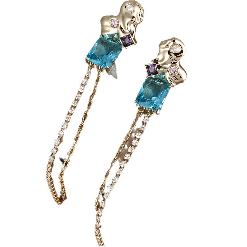 Joyería Xuping aleación de cobre galvanizado 14K oro largo pendientes de borda de moda colorida pendientes de gemas artificiales para mujeres