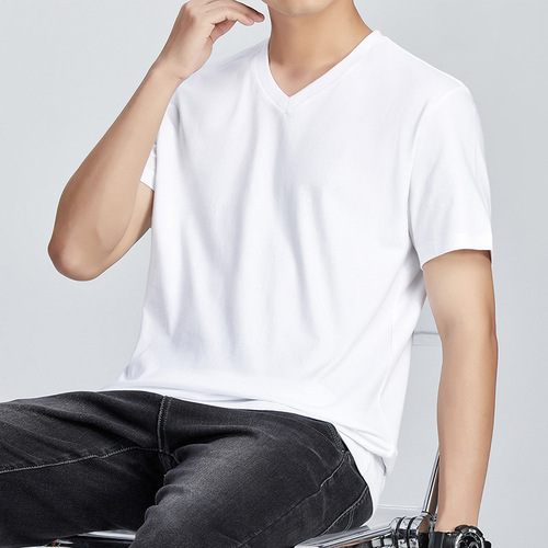 Pure Color V-Neck Short-Sleeve T-Shirt for Men - South Korean Style, Youth Fashion Men's T-Shirt, Loose Fit 100% Cotton T-Shirt