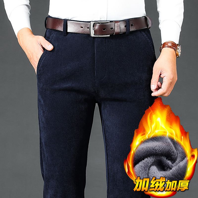High Quality Winter Corduroy Thickened Fleece-lined Dad Men's Pants Loose Straight Velvet Warm High Waist Casual Pants for Men