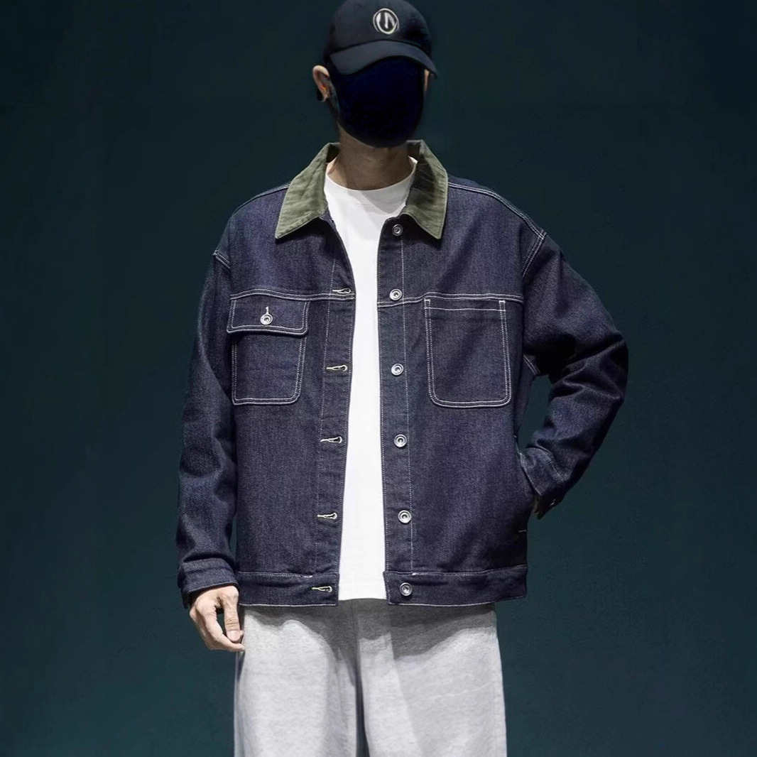 Retro-Jeansjacke in Dunkelblau, Herren, trendige Marke, lockere Passform, lässige Arbeitsjacke in Übergröße_voghion.com