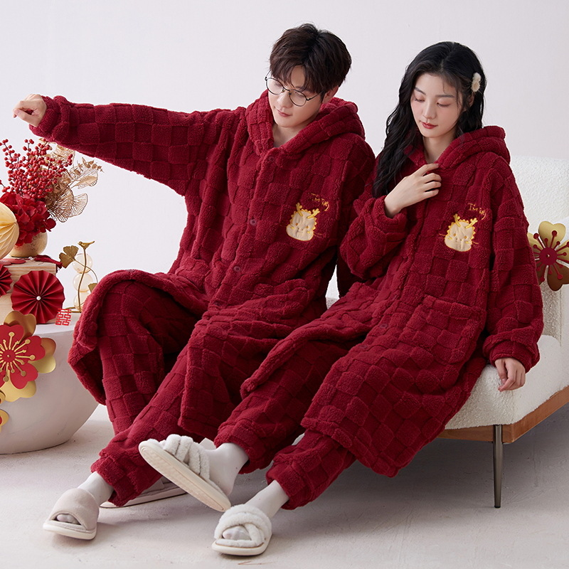 Pijama de casamiento de nuevo matrimonio conjunto de invierno pijama de lana de coral más lana gruesa ropa de hogar de franela
