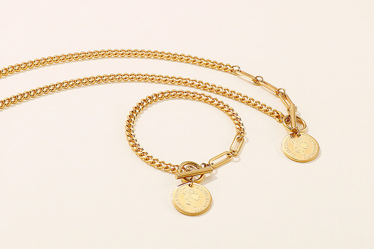 European and American hip-hop hipster bracelet necklace simple coin stainless steel jewelry set