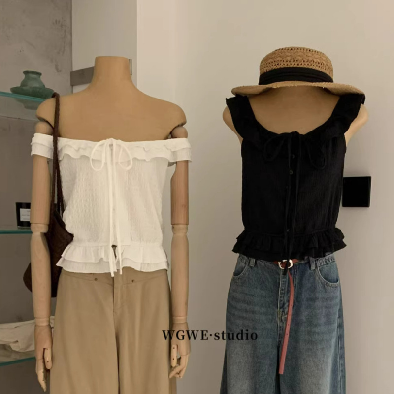 Wgwe9433 New Summer Women's Clothing Guangzhou Shisanxing Women's One-Shoulder Backless Lace-Up Design Shirt Top