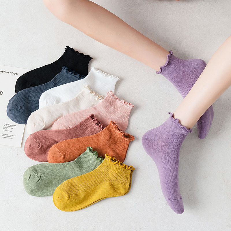 Women's socks Japanese spring/summer curling ankle socks ins loose mouth student socks solid color wooden ear shallow mouth fresh women's socks