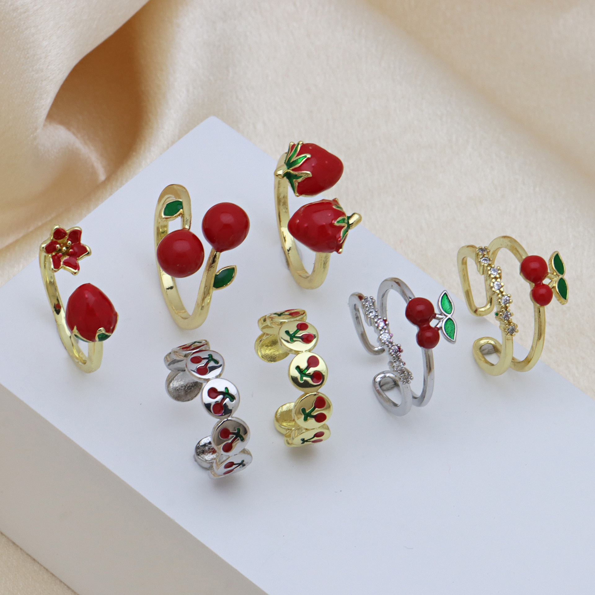 5g Weight Wholesale Jewelry Cute Lady Cherry Copper 18K Gold Plated Enamel Open Rings