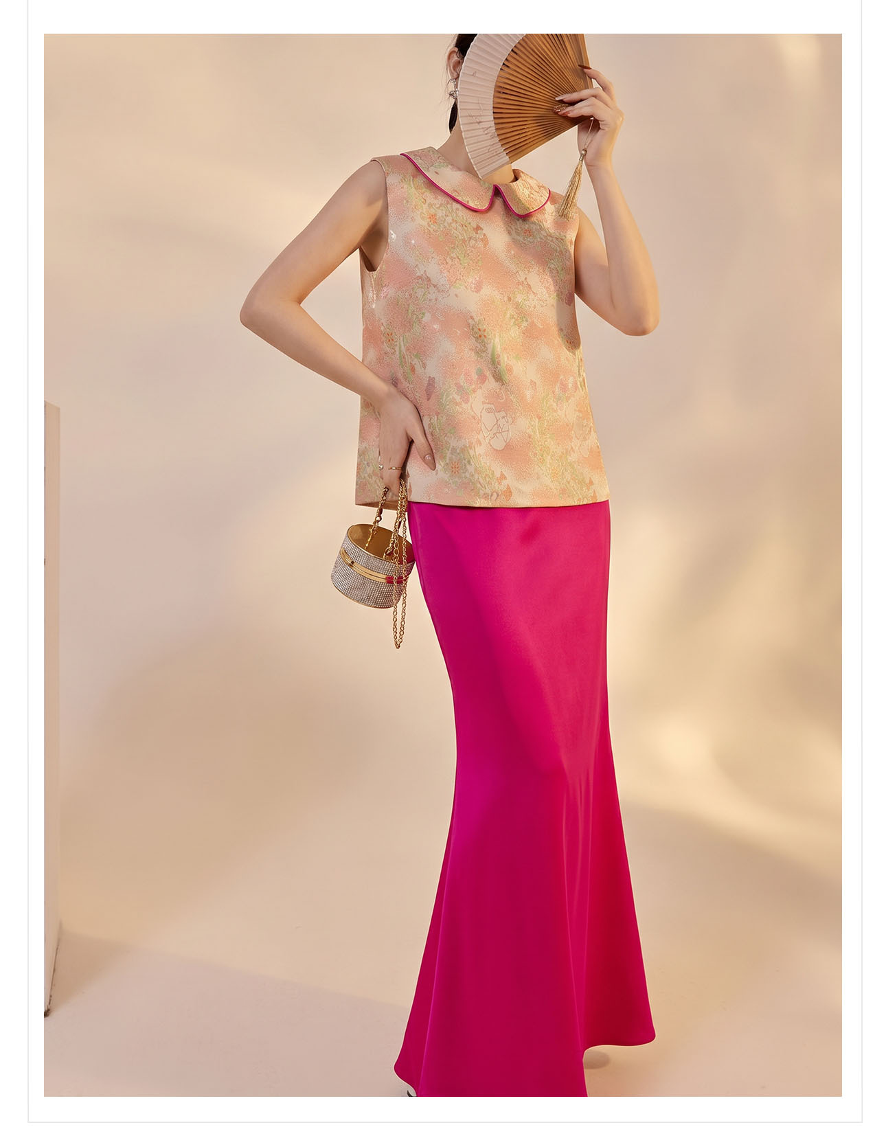 Bộ áo vest gile jacquard + chân váy nữ quốc phong mùa hè 2026 — Áo khoác Carmine, Trang phục [Áo khoác màu hồng+váy đỏ], Màu đỏ nửa váy chi tiết 11