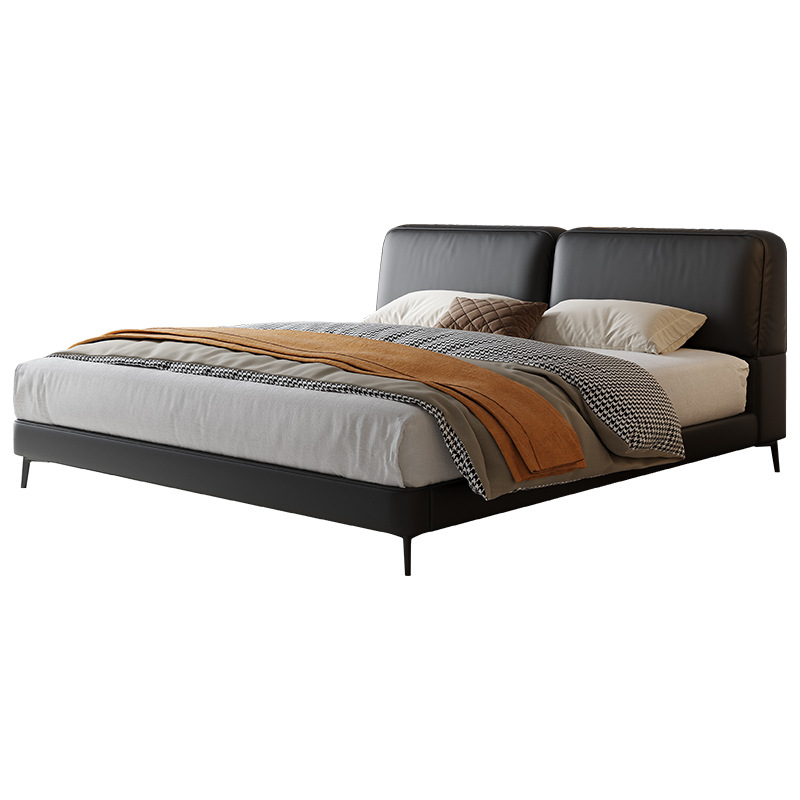 Italiano minimalista gran vaca negra cama de cuero real tofu bloque cama dormitorio principal de gama alta elegante verano imagen negro simple cama suave