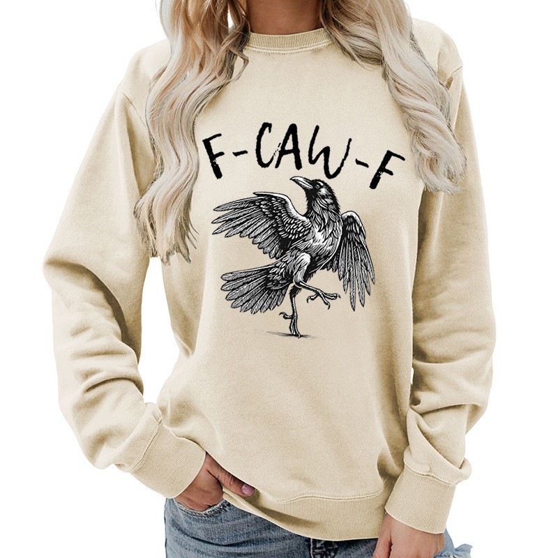 F-caw-f 乌鸦 万圣节印花圆领女上衣卫衣秋冬亚马逊货源休闲宽松|undefined