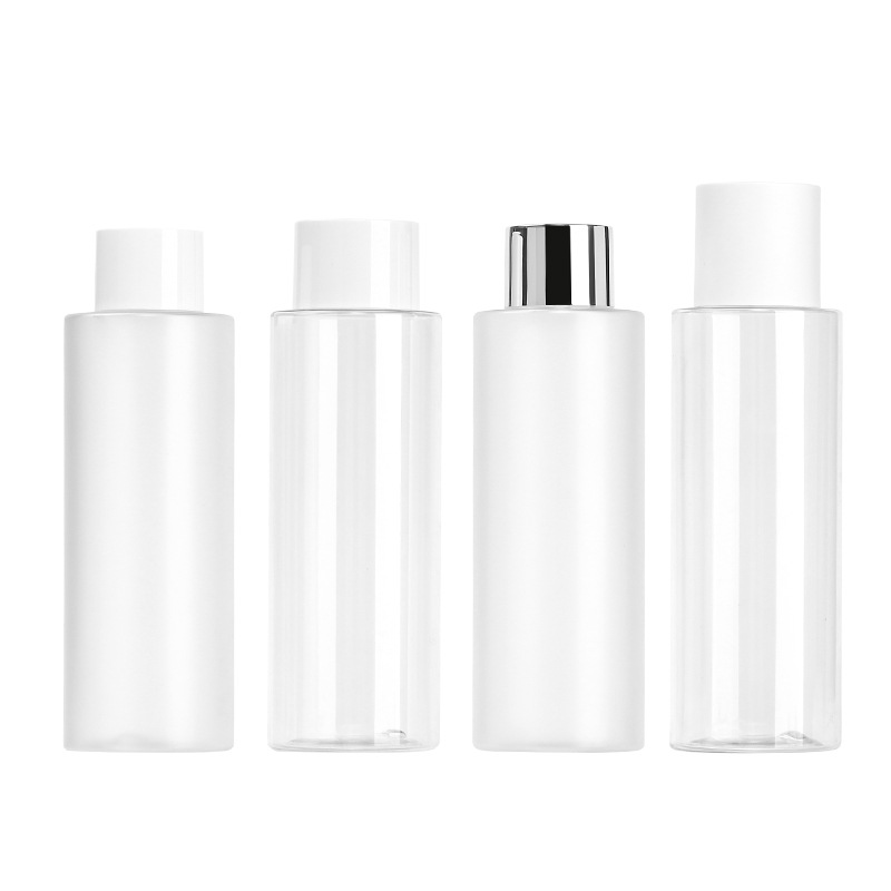 Botella de cosméticos Xumin embalaje PET esmerilado botella de cubierta blanca 300ml botella de rocío transparente plata brillante / cubierta blanca opaca limpieza